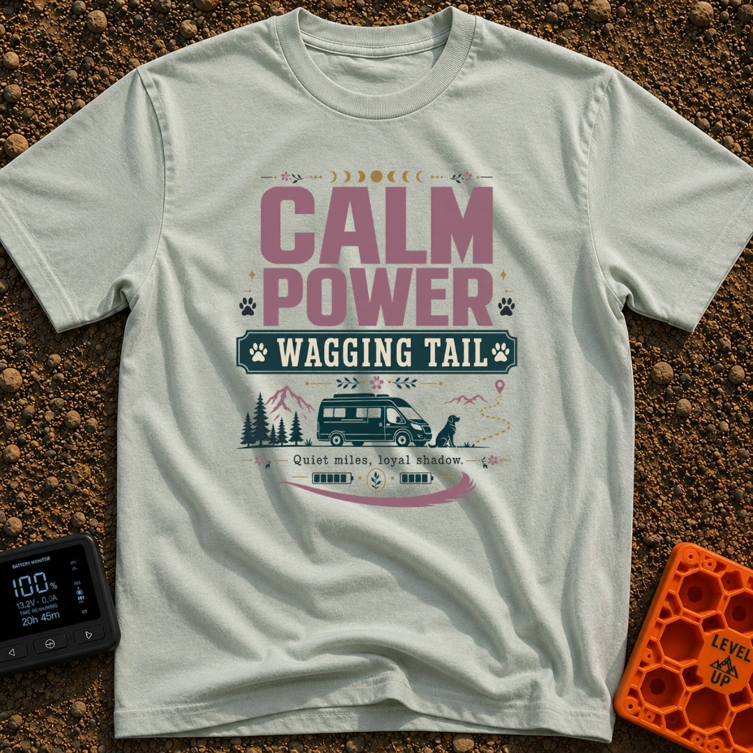 Powered By Wagging Tails - T-Shirt in Bay - A graphic design featuring the text "CALM POWER WAGGING TAIL" and "Quiet...