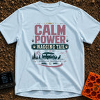 Powered By Wagging Tails - T-Shirt in Chambray - A graphic design featuring the text "CALM POWER WAGGING TAIL" and "Quiet...