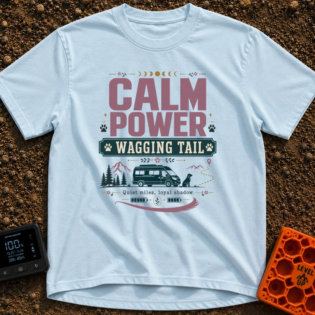 Powered By Wagging Tails - T-Shirt in Chambray - A graphic design featuring the text "CALM POWER WAGGING TAIL" and "Quiet...