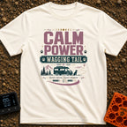 Powered By Wagging Tails - T-Shirt in Ivory - A graphic design featuring the text "CALM POWER WAGGING TAIL" and "Quiet...