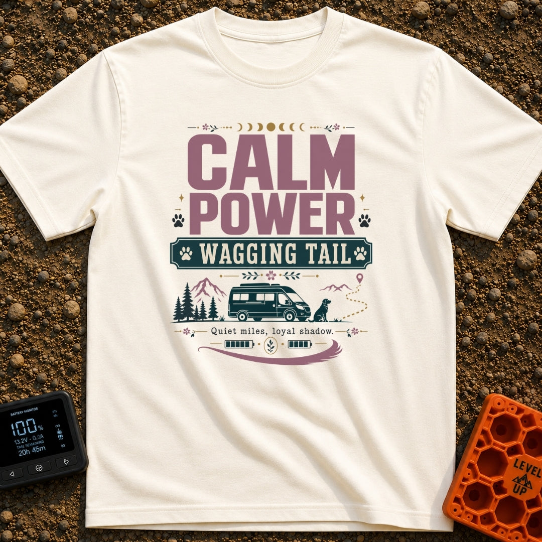 Powered By Wagging Tails - T-Shirt in Ivory - A graphic design featuring the text "CALM POWER WAGGING TAIL" and "Quiet...