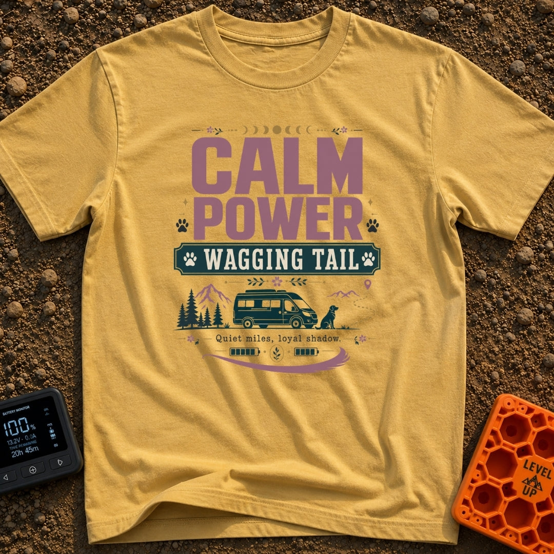 Powered By Wagging Tails - T-Shirt in Mustard - A graphic design featuring the text "CALM POWER WAGGING TAIL" and "Quiet...