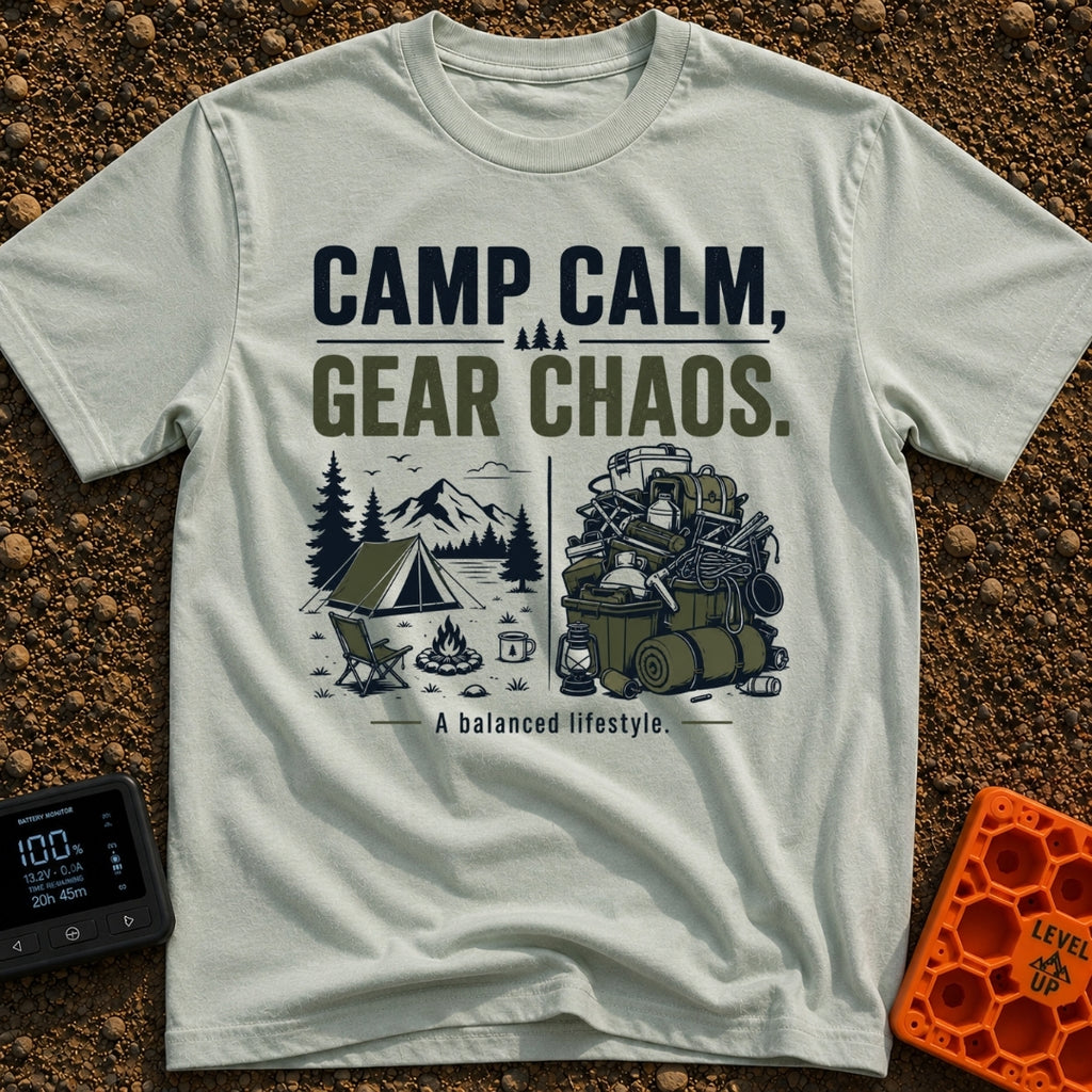 Camp Calm Chaos - T-Shirt in Bay - The image features typography reading "CAMP CALM, GEAR CHAOS." above a split-panel...
