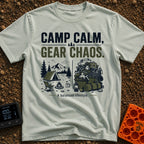 Camp Calm Chaos - T-Shirt in Bay - The image features typography reading "CAMP CALM, GEAR CHAOS." above a split-panel...