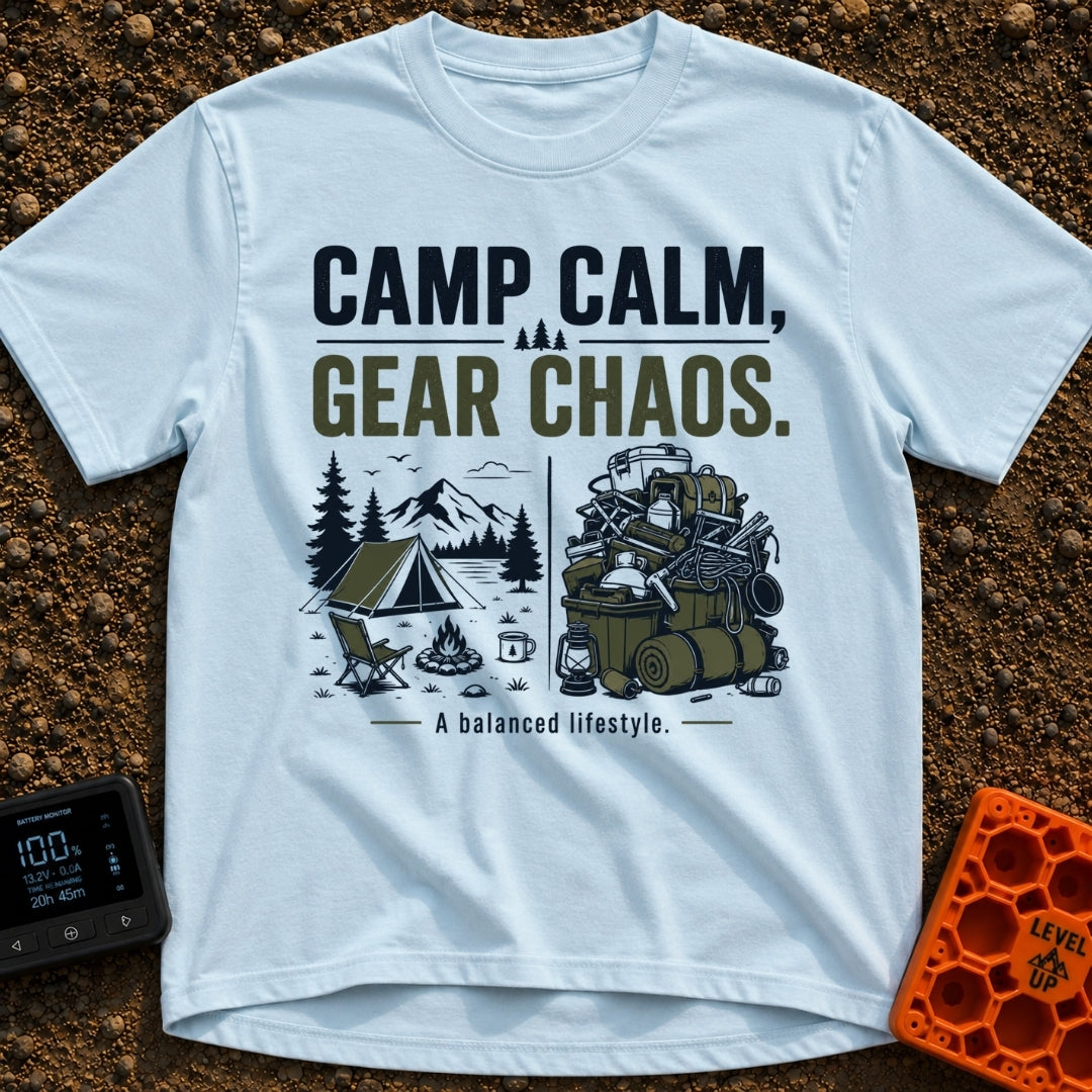 Camp Calm Chaos - T-Shirt in Chambray - The image features typography reading "CAMP CALM, GEAR CHAOS." above a...