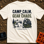 Camp Calm Chaos - T-Shirt in Ivory - The image features typography reading "CAMP CALM, GEAR CHAOS." above a split-panel...
