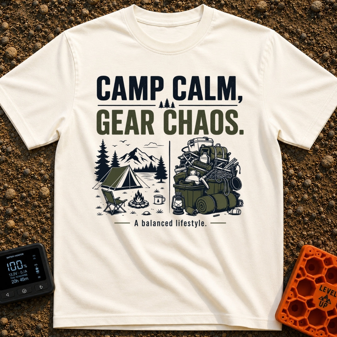 Camp Calm Chaos - T-Shirt in Ivory - The image features typography reading "CAMP CALM, GEAR CHAOS." above a split-panel...