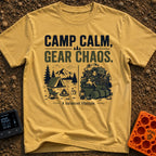 Camp Calm Chaos - T-Shirt in Mustard - The image features typography reading "CAMP CALM, GEAR CHAOS." above a split-panel...
