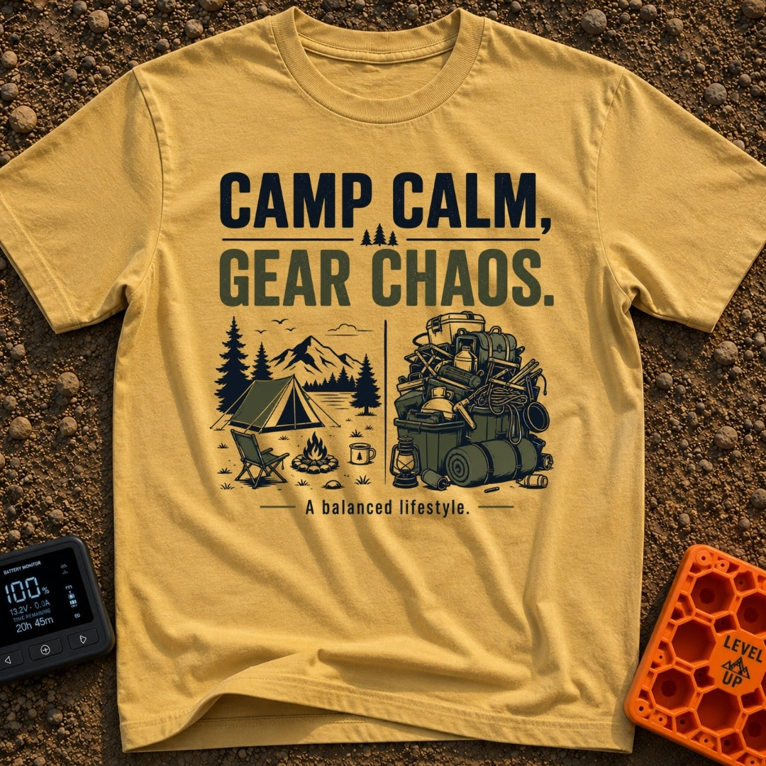 Camp Calm Chaos - T-Shirt in Mustard - The image features typography reading "CAMP CALM, GEAR CHAOS." above a split-panel...