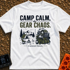 Camp Calm Chaos - T-Shirt in White - The image features typography reading "CAMP CALM, GEAR CHAOS." above a split-panel...