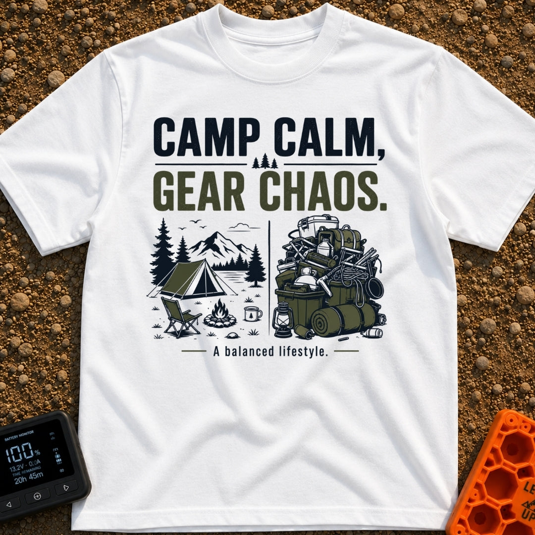 Camp Calm Chaos - T-Shirt in White - The image features typography reading "CAMP CALM, GEAR CHAOS." above a split-panel...