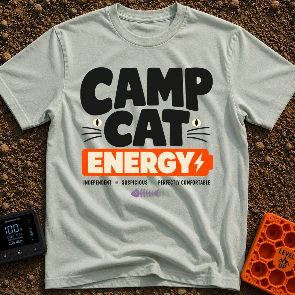 Camp Cat Energy - T-Shirt in Bay - The design features the stacked text "CAMP CAT ENERGY", with stylized cat eyes and...