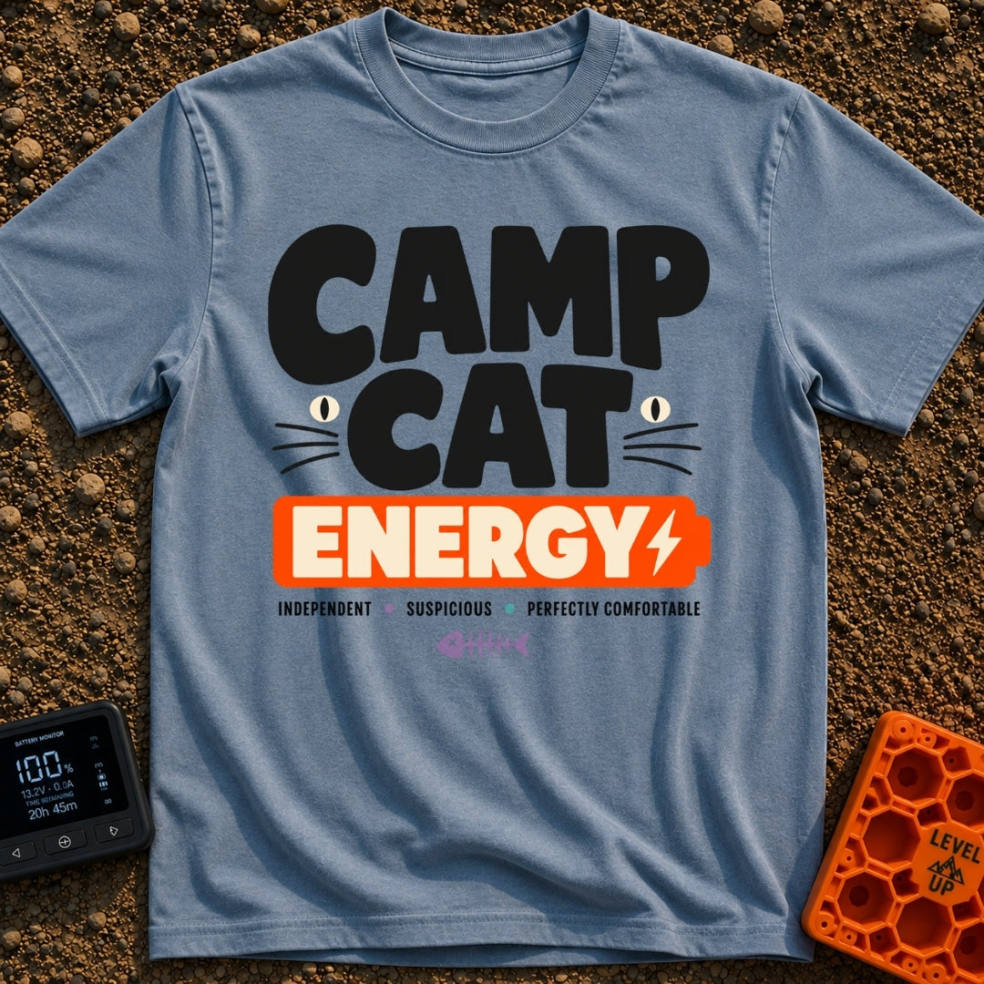 Camp Cat Energy - T-Shirt in Blue Jean - The design features the stacked text "CAMP CAT ENERGY", with stylized cat eyes...