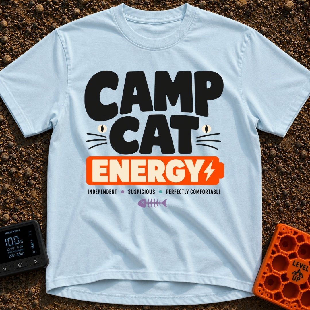 Camp Cat Energy - T-Shirt in Chambray - The design features the stacked text "CAMP CAT ENERGY", with stylized cat eyes...