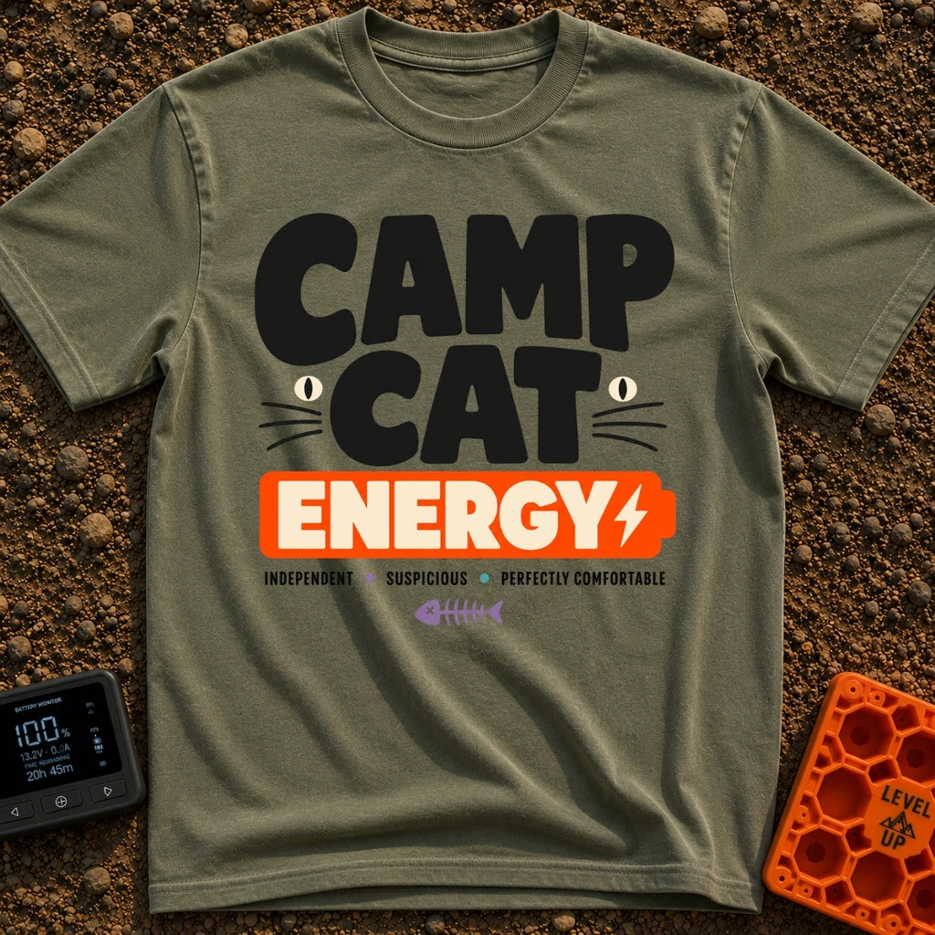 Camp Cat Energy - T-Shirt in Moss - The design features the stacked text "CAMP CAT ENERGY", with stylized cat eyes and...