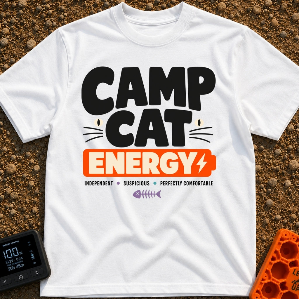 Camp Cat Energy - T-Shirt in White - The design features the stacked text "CAMP CAT ENERGY", with stylized cat eyes and...