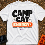 Camp Cat Energy - T-Shirt in White - The design features the stacked text "CAMP CAT ENERGY", with stylized cat eyes and...