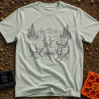 You Move You Lose - T-Shirt in Bay - A black and white line drawing of four folding camp chairs arranged around a...
