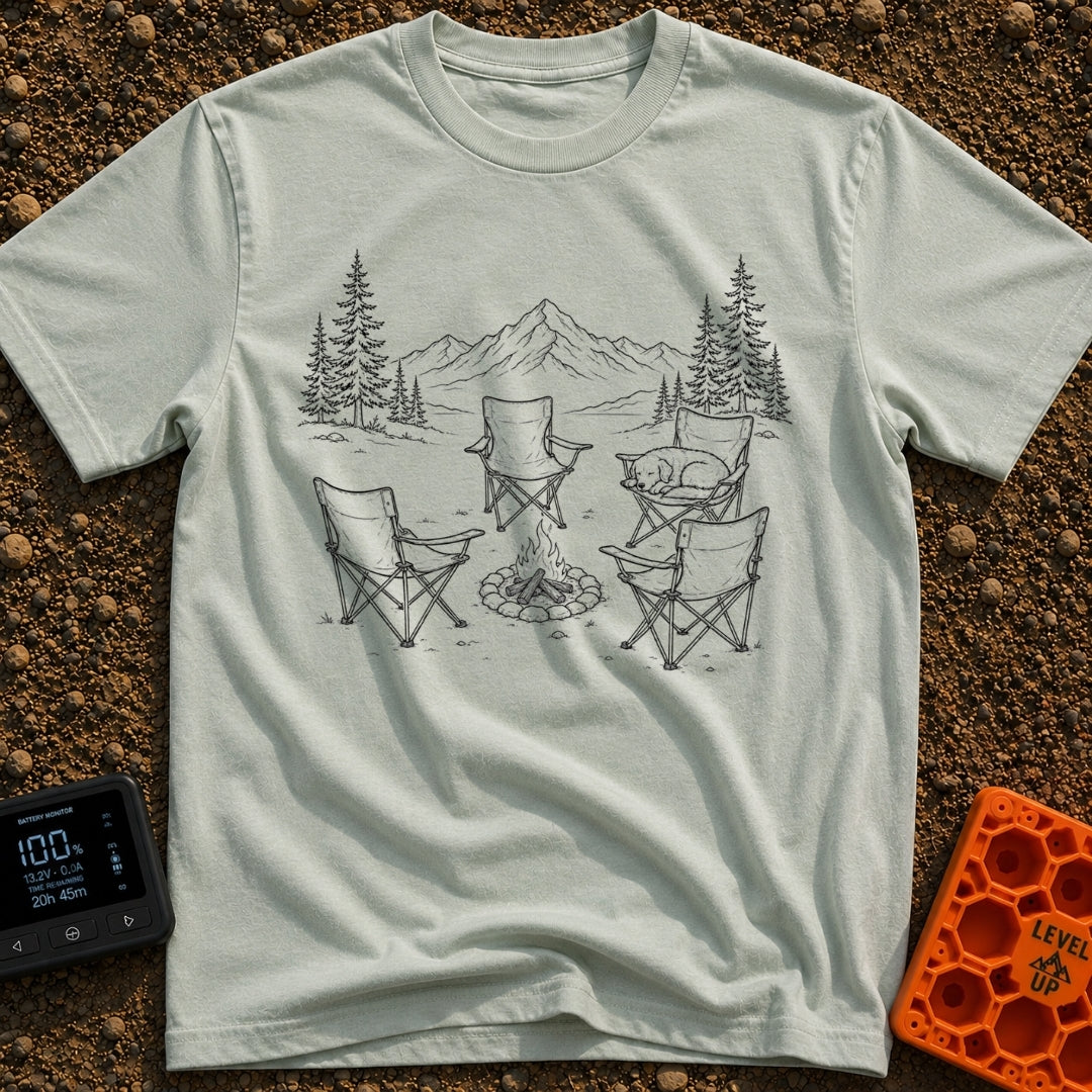 You Move You Lose - T-Shirt in Bay - A black and white line drawing of four folding camp chairs arranged around a...