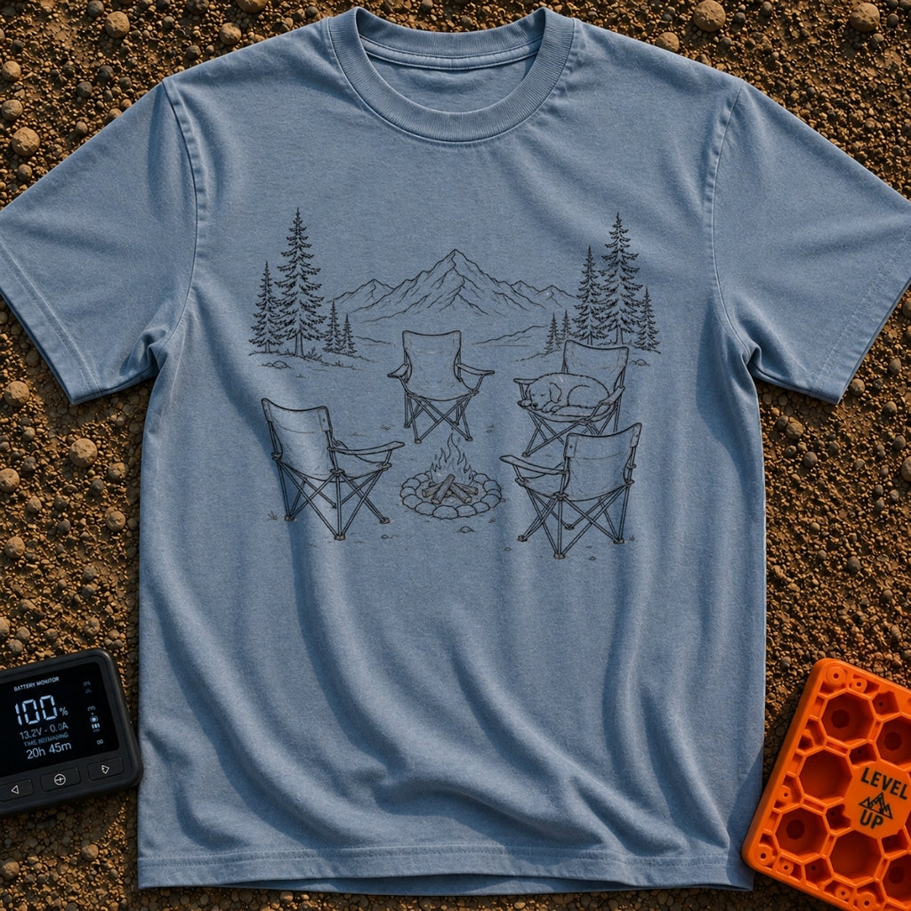 You Move You Lose - T-Shirt in Blue Jean - A black and white line drawing of four folding camp chairs arranged around a...