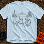 You Move You Lose - T-Shirt in Chambray - A black and white line drawing of four folding camp chairs arranged around a...