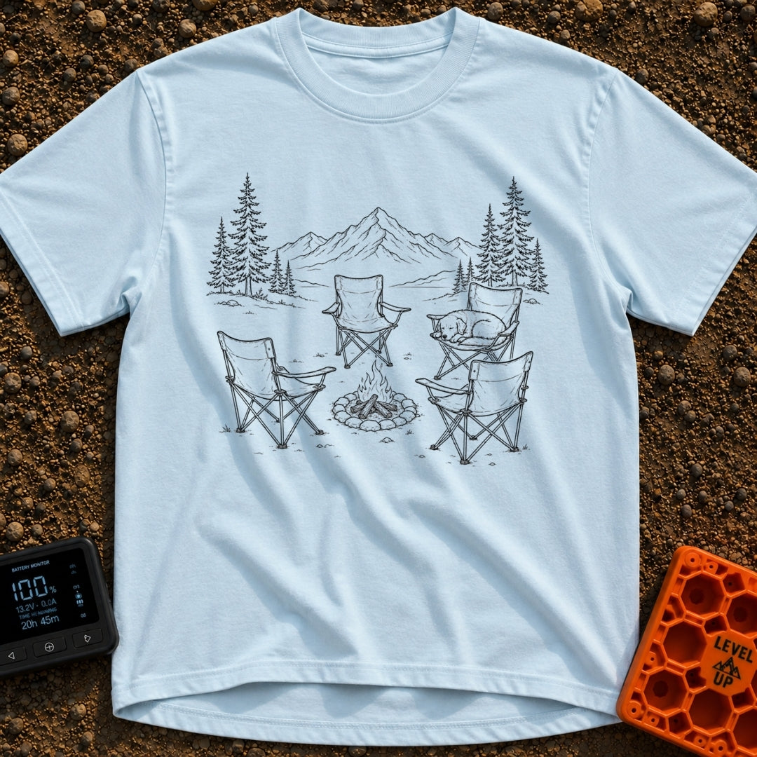 You Move You Lose - T-Shirt in Chambray - A black and white line drawing of four folding camp chairs arranged around a...