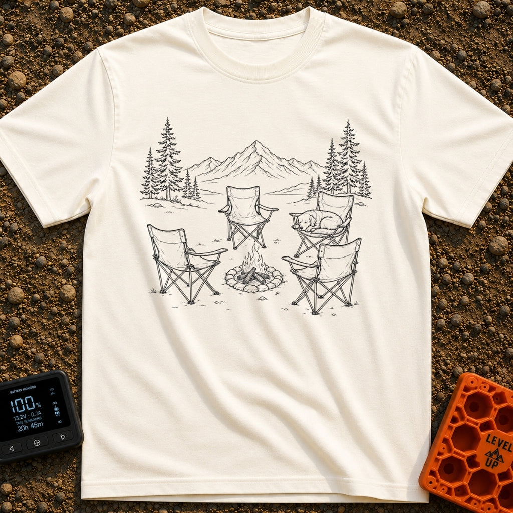 You Move You Lose - T-Shirt in Ivory - A black and white line drawing of four folding camp chairs arranged around a...