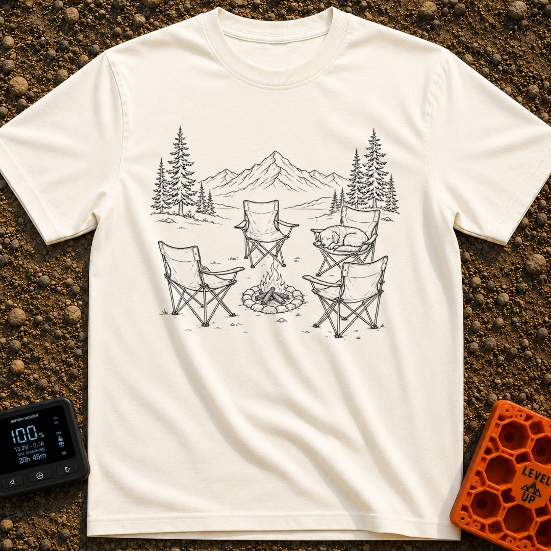 You Move You Lose - T-Shirt in Ivory - A black and white line drawing of four folding camp chairs arranged around a...