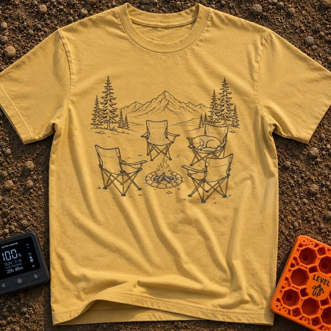 You Move You Lose - T-Shirt in Mustard - A black and white line drawing of four folding camp chairs arranged around a...
