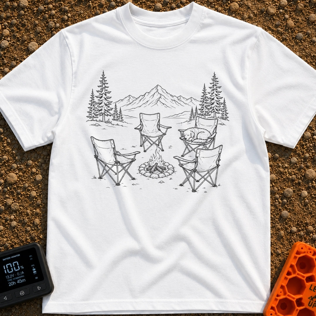You Move You Lose - T-Shirt in White - A black and white line drawing of four folding camp chairs arranged around a...