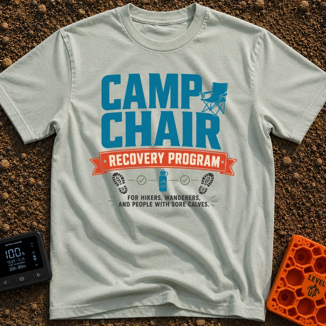 Camp Chair Rehab - T-Shirt in Bay - The image features bold typography reading "CAMP CHAIR RECOVERY PROGRAM" and "FOR...