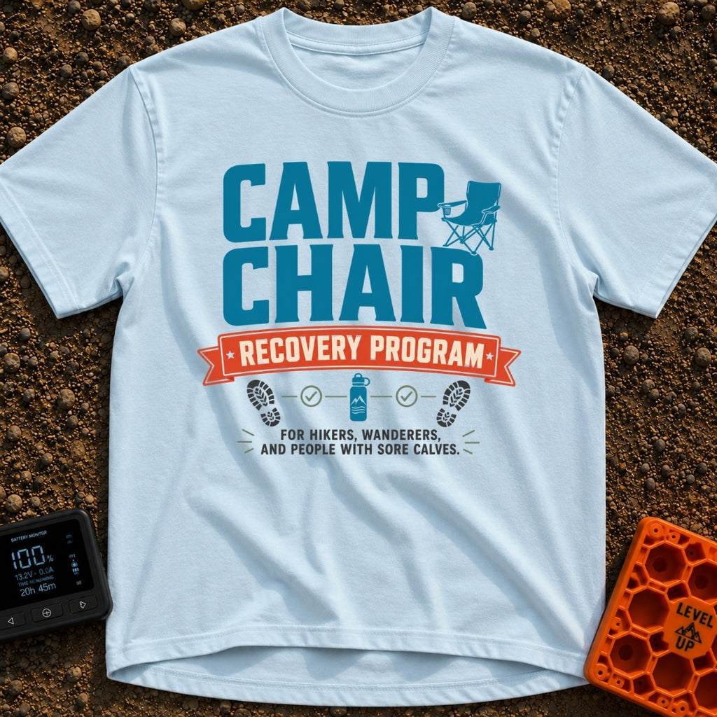 Camp Chair Rehab - T-Shirt in Chambray - The image features bold typography reading "CAMP CHAIR RECOVERY PROGRAM" and...