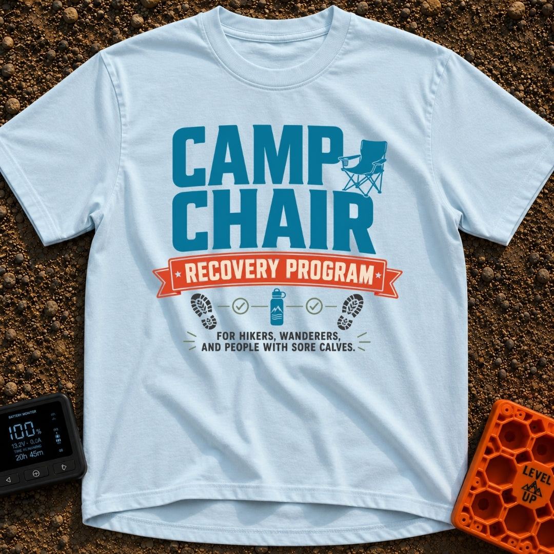 Camp Chair Rehab - T-Shirt in Chambray - The image features bold typography reading "CAMP CHAIR RECOVERY PROGRAM" and...