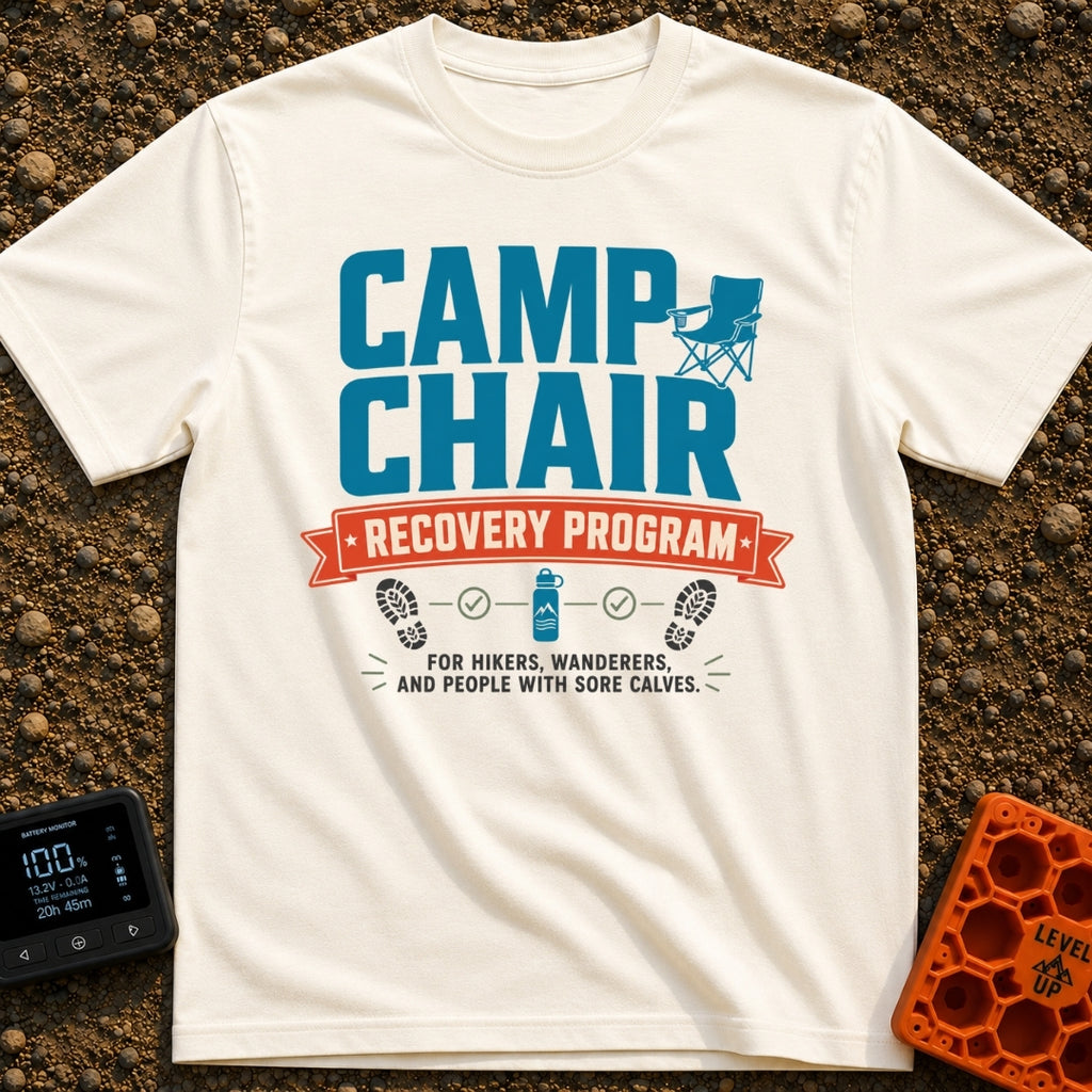 Camp Chair Rehab - T-Shirt in Ivory - The image features bold typography reading "CAMP CHAIR RECOVERY PROGRAM" and "FOR...