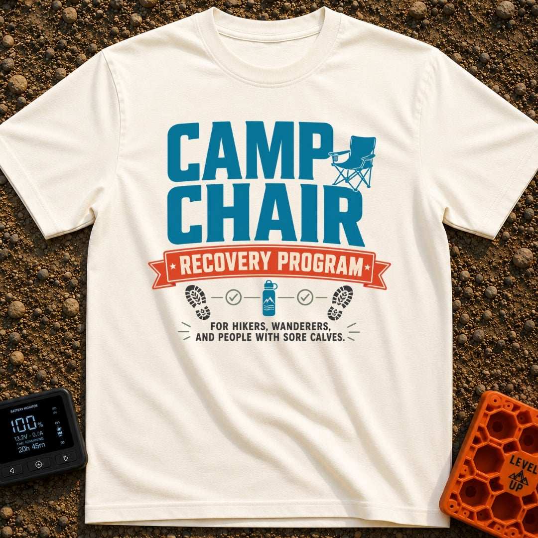 Camp Chair Rehab - T-Shirt in Ivory - The image features bold typography reading "CAMP CHAIR RECOVERY PROGRAM" and "FOR...