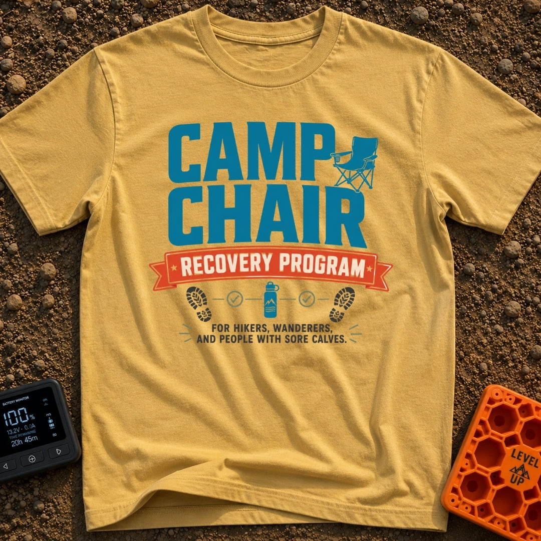 Camp Chair Rehab - T-Shirt in Mustard - The image features bold typography reading "CAMP CHAIR RECOVERY PROGRAM" and "FOR...