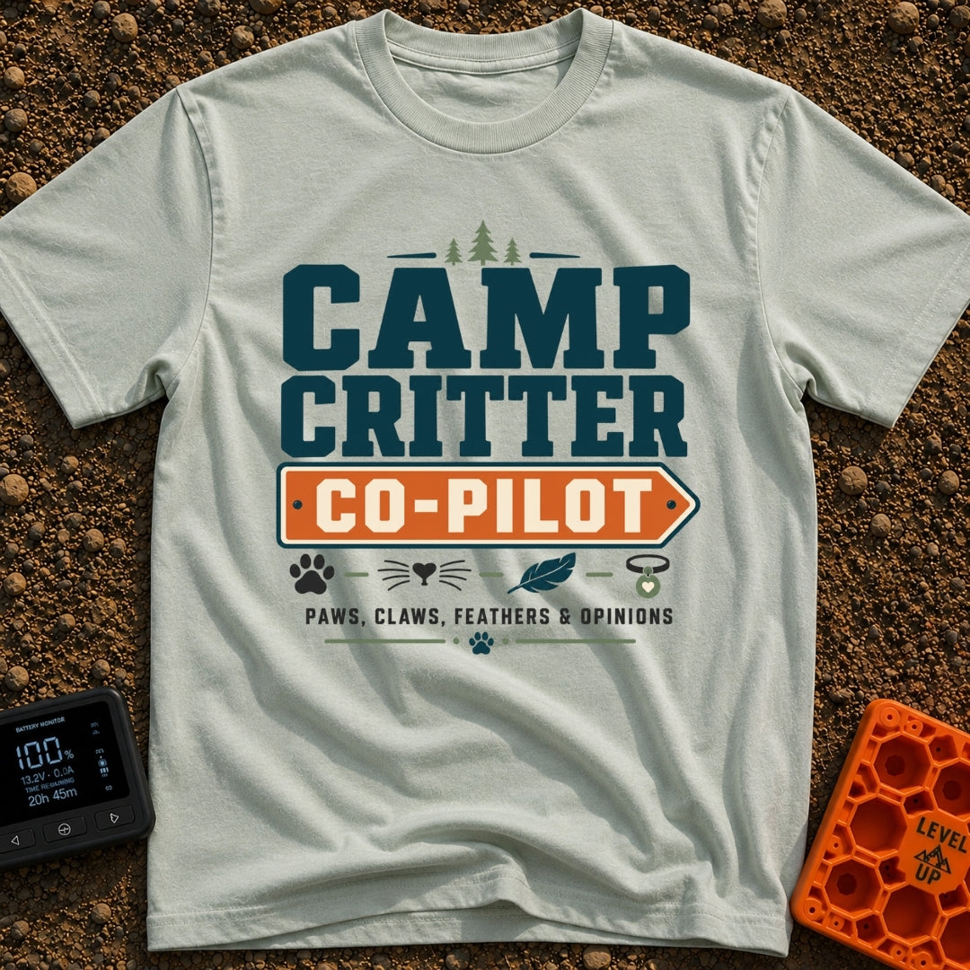 Paws Claws And Opinions - T-Shirt in Bay - A typographic design reading "CAMP CRITTER CO-PILOT" and "PAWS, CLAWS,...