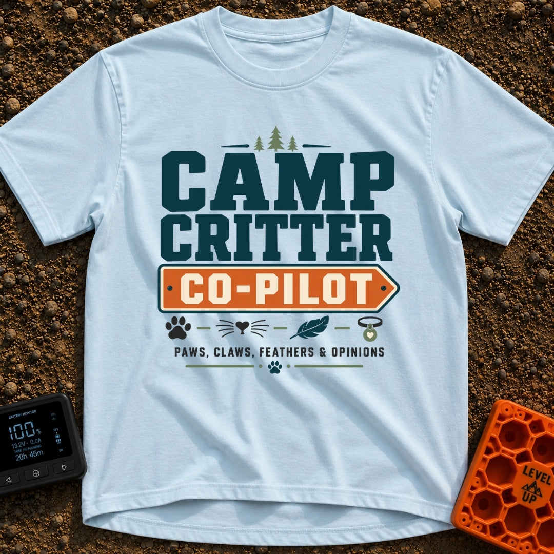 Paws Claws And Opinions - T-Shirt in Chambray - A typographic design reading "CAMP CRITTER CO-PILOT" and "PAWS, CLAWS,...