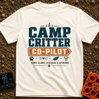 Paws Claws And Opinions - T-Shirt in Ivory - A typographic design reading "CAMP CRITTER CO-PILOT" and "PAWS, CLAWS,...