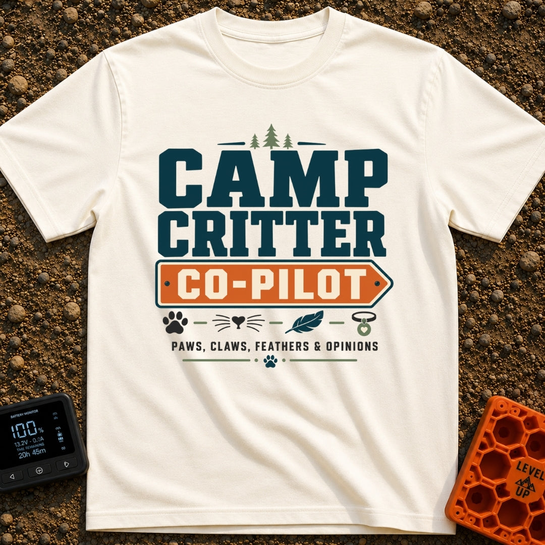 Paws Claws And Opinions - T-Shirt in Ivory - A typographic design reading "CAMP CRITTER CO-PILOT" and "PAWS, CLAWS,...