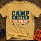 Paws Claws And Opinions - T-Shirt in Mustard - A typographic design reading "CAMP CRITTER CO-PILOT" and "PAWS, CLAWS,...
