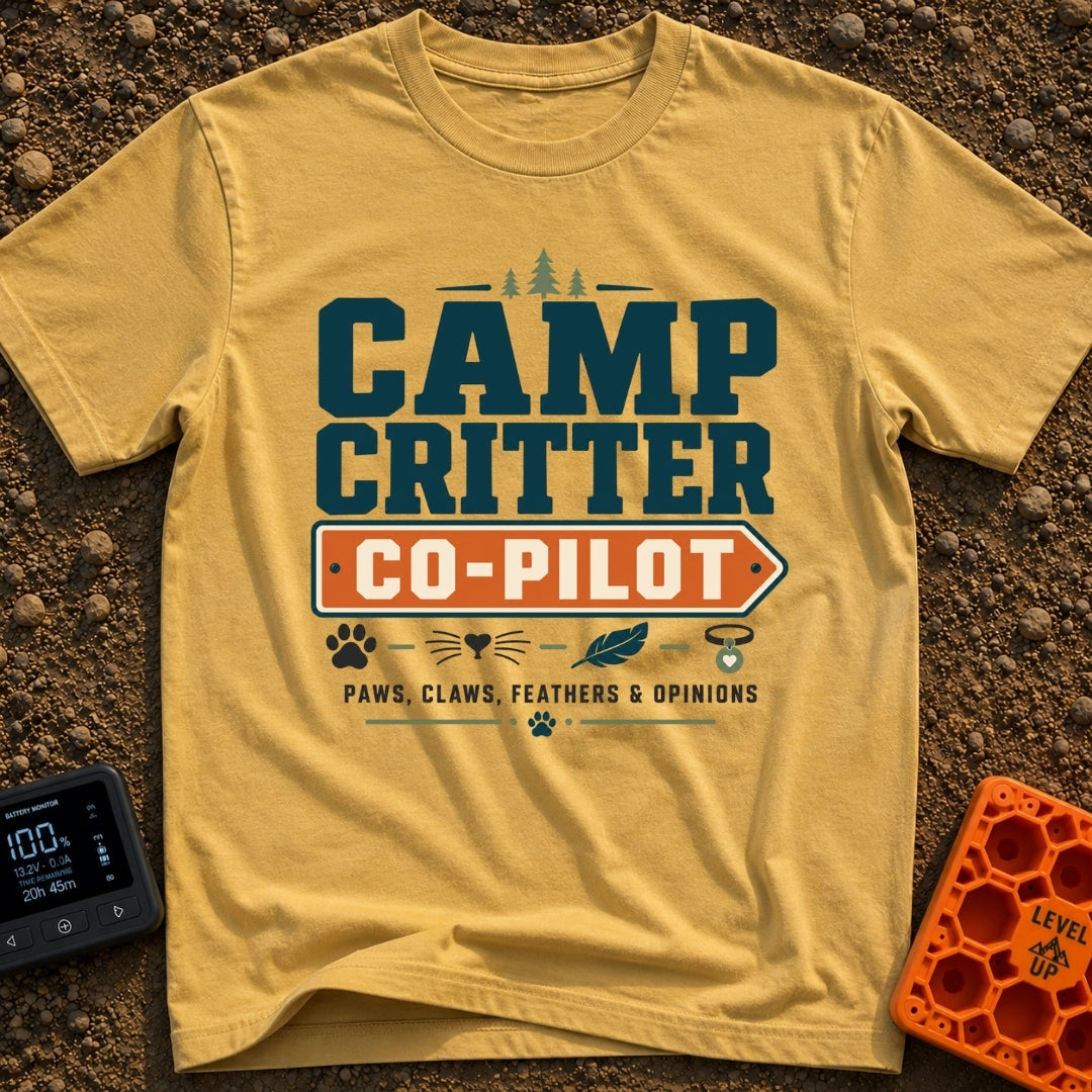 Paws Claws And Opinions - T-Shirt in Mustard - A typographic design reading "CAMP CRITTER CO-PILOT" and "PAWS, CLAWS,...