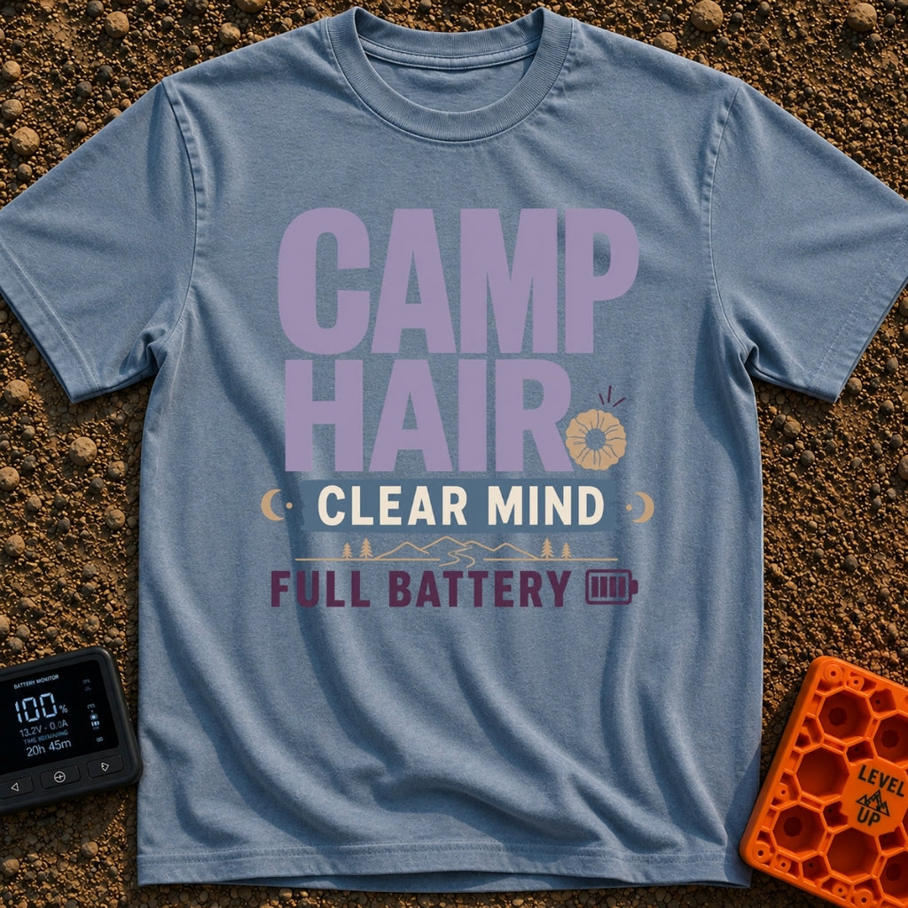 Charging Up Bliss - T-Shirt in Blue Jean - A text-based design reading "CAMP HAIR", "CLEAR MIND", and "FULL BATTERY" in...