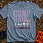 Charging Up Bliss - T-Shirt in Blue Jean - A text-based design reading "CAMP HAIR", "CLEAR MIND", and "FULL BATTERY" in...