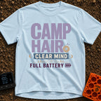 Charging Up Bliss - T-Shirt in Chambray - A text-based design reading "CAMP HAIR", "CLEAR MIND", and "FULL BATTERY" in...