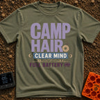 Charging Up Bliss - T-Shirt in Moss - A text-based design reading "CAMP HAIR", "CLEAR MIND", and "FULL BATTERY" in...
