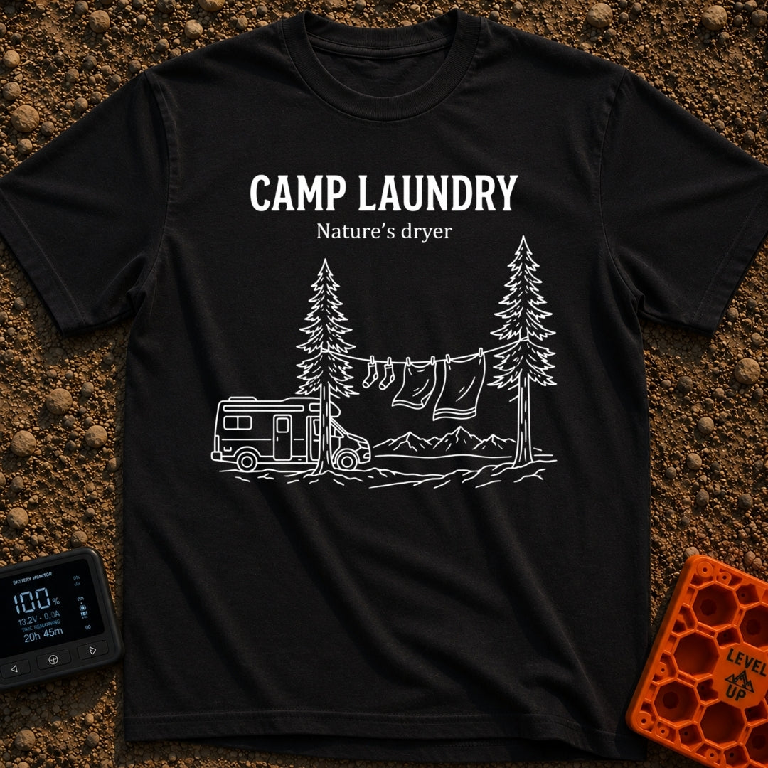 Solar Powered Dryer - T-Shirt in Black - White line art showing a camper van parked beside two pine trees with a...