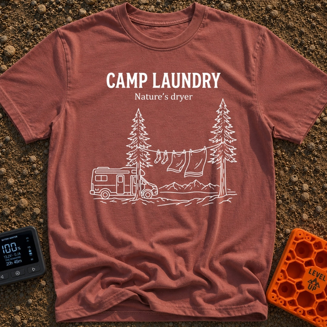 Solar Powered Dryer - T-Shirt in Brick - White line art showing a camper van parked beside two pine trees with a...