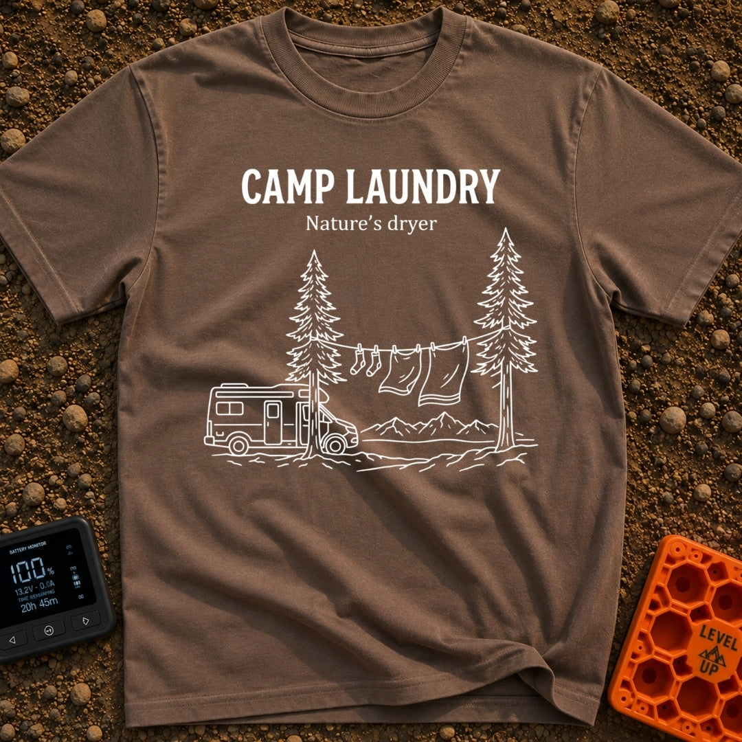 Solar Powered Dryer - T-Shirt in Espresso - White line art showing a camper van parked beside two pine trees with a...