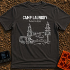 Solar Powered Dryer - T-Shirt in Graphite - White line art showing a camper van parked beside two pine trees with a...